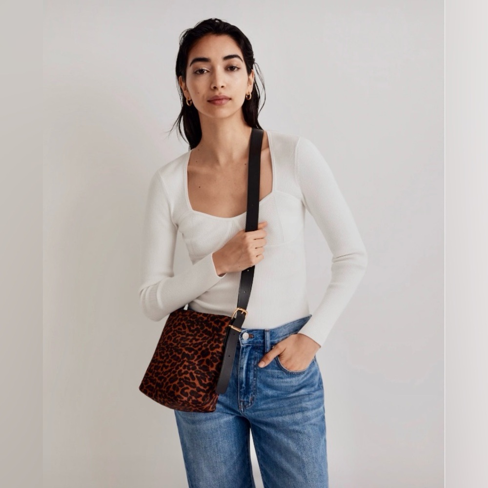 Madewell The Essential Leather Calf Hair Mini Bucket Tote in Dark Carob Multi
